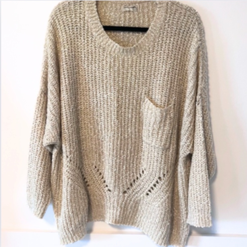 Bear Dance Tan Oversized Scoop Neck Knit Sweater Large